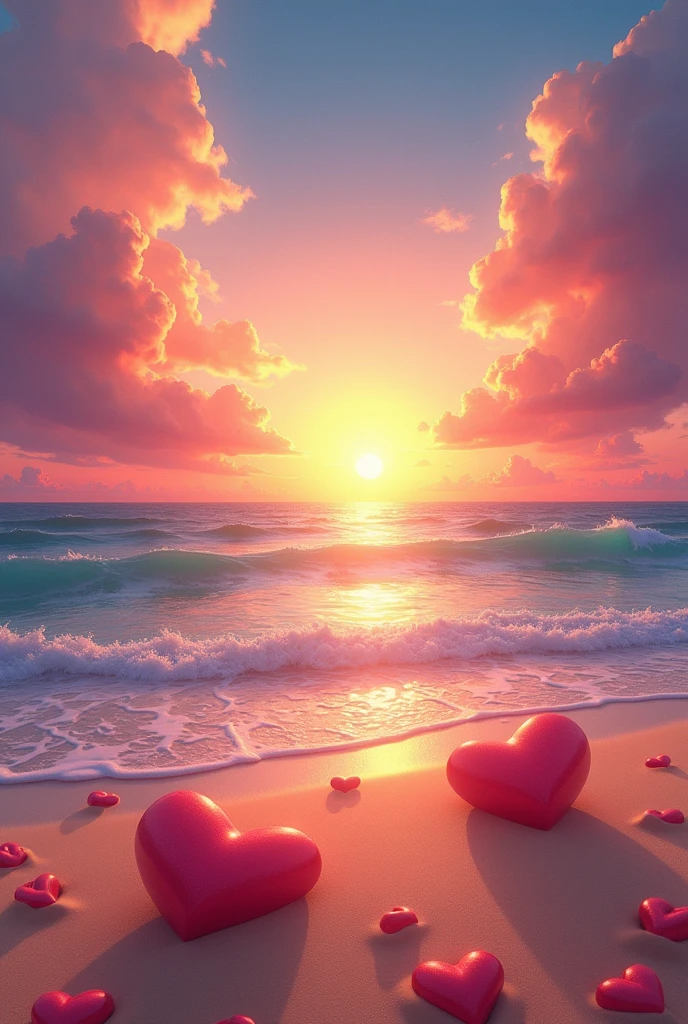 arafed image of a beach with hearts and a sunset, beautiful digital art, beautiful digital artwork, beautiful gorgeous digital art, very beautiful digital art, many hearts, by Alexander Kucharsky, beautiful iphone wallpaper, gorgeous digital art, beautiful digital painting, magical beach, amazing digital art, beautiful composition 3 - d 4 k, gorgeous digital painting, beautiful artwork