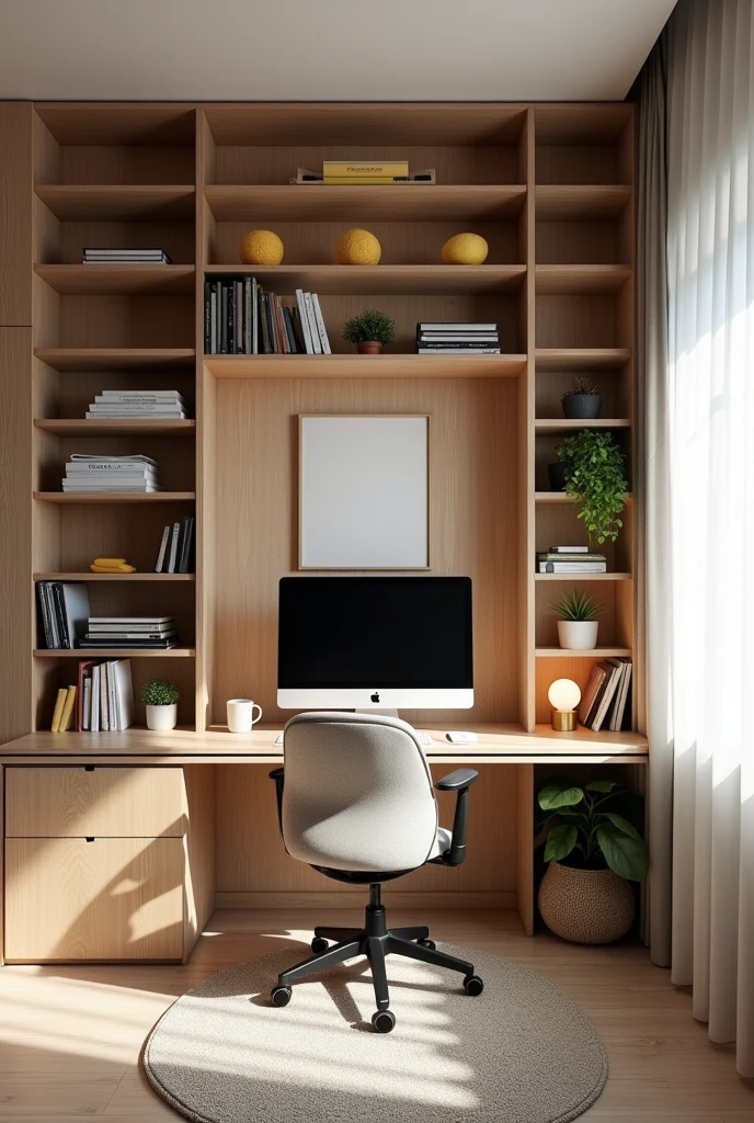 Make me a room design with shelves and a PC
