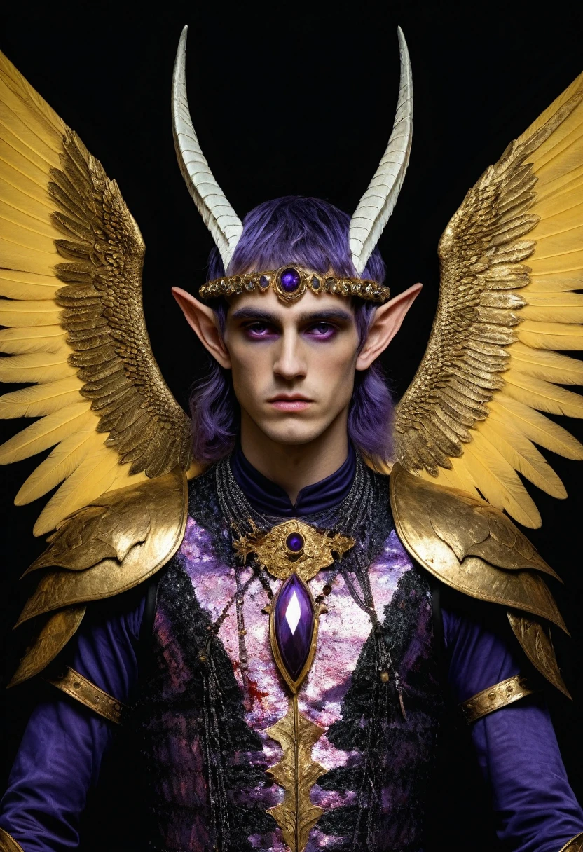 {{Colossal Masterpiece, best quality, realistic oil painting, by Franz von Stuck, by Gustav Klimt, by Gustave Moreau, surreal}}, (((((dramatic portrait of a male elf Garuda, bobbed hair, purple eyes, he has three eyes, elf ears, golden yellow skin color, tan, cruel arrogant expression))))). ((((he is displaying his iridescent multicolored wings, he is wearing a blood stained armor made of holographic material, wearing bead pendants)))).