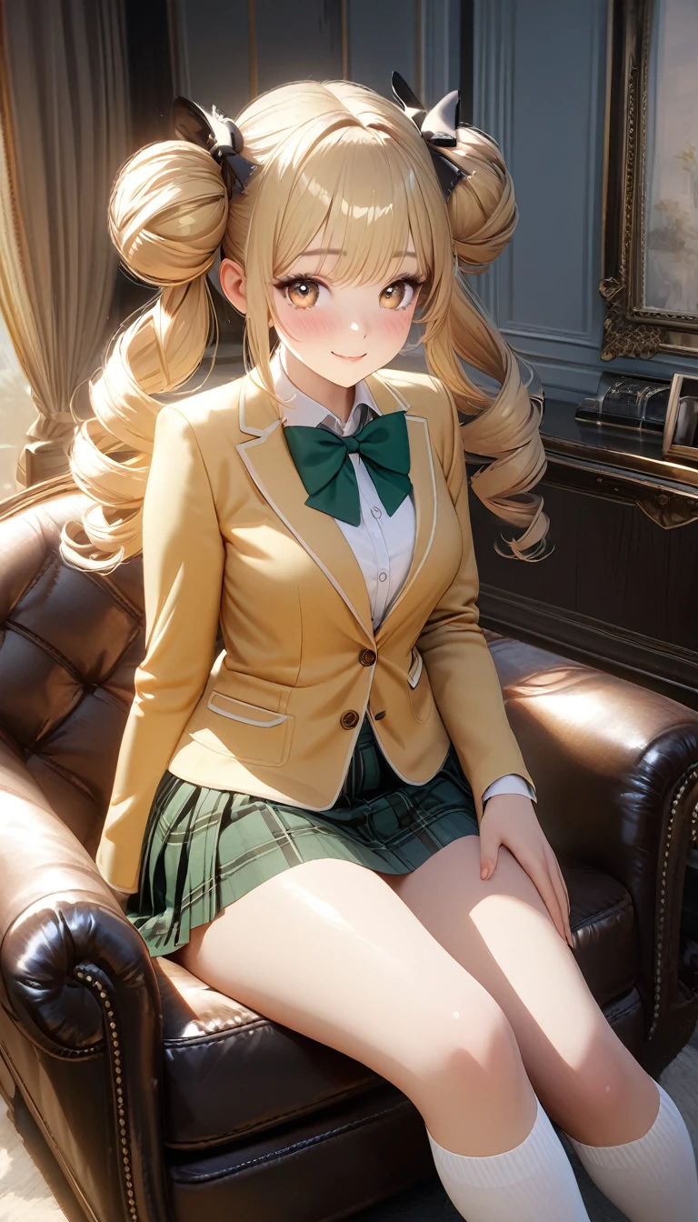 (masterpiece,ultra-detailed,best quality,8K,CG,realistic,illustration:1.2),(perfect-composition,detailed beautiful face,Clean skin,photographical skin,shiny skin,shiny hair, photographical hair,ultra detailed eyes,shaved,kawaii,uncensored:1.1),smile,long hair,twin tail, 1girl, solo, long hair, blonde hair, double bun, drill hair, brown eyes,winter school uniform, green bowtie, white shirt, yellow blazer, buttoned blazer,plaid skirt, green skirt, socks,loafers,from front,seductive,blushing,sitting on sofa ,luxury room,arms behind