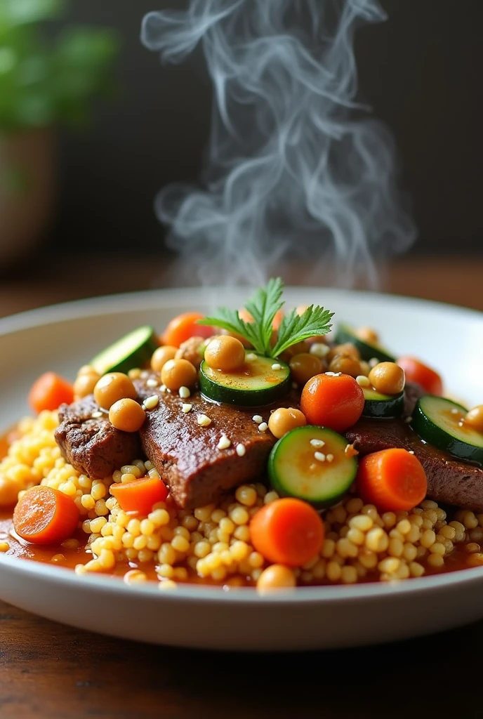 Plate with couscous and beef and zucchini and carrot and sauce and chickpeas (nice warm visible steam)
3d realistic