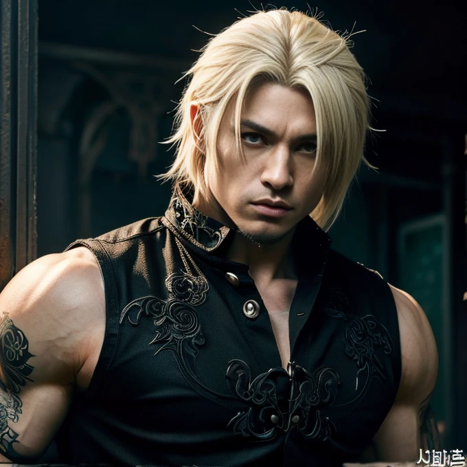 1 man, Japanese man, male, Asian eyes, muscular, broad shoulders, dragon,hairstyle Visual Kei style, hair Visual Kei, black men's shirt and black pants, ultra detailed face, hyperrealistic, realistic representation, 30 years old!,age 30 years! Blonde hair