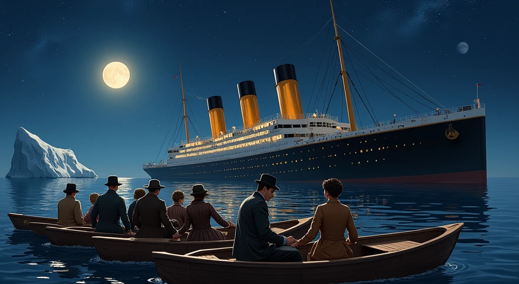 REAL illustration representing the sinking of the Titanic. The layout features a night scene with a clear, starry sky and a full moon illuminating the scene. The Titanic, with its iconic black hull and yellow funnels, is shown tilted and partially submerged in the ocean. An iceberg is visible in the background on the left. In the foreground, FIVE lifeboats with people wearing costumes from the beginning of 1912 in England, including hats and coats. The individuals have varying skin tones and facial features and appear to be looking at the sinking ship. The water is calm, reflecting the moonlight and the ship's lights.