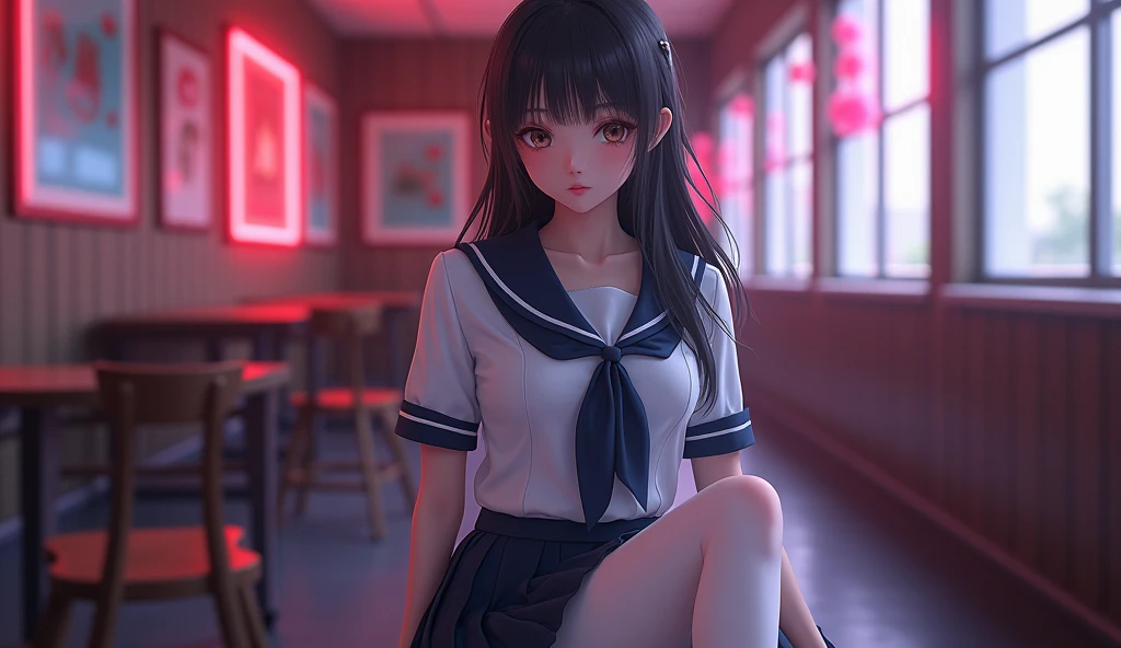 ultra realistic 8k cg, picture-perfect face, flawless, clean, masterpiece, professional artwork, famous artwork, perfect face, beautiful face, beautiful eyes, ((perfect female body)), solo,(immersive atmosphere, chiaroscuro:1.5,bright light:1.2,luminous lighting) ,,(blush:0.5),seductive expression,extremely detailed_eyes,thick thighs,large breasts, beautifully detailed background,depth of field,realistic:1.3, long shot,1girl,shirt,pleated skirt, school uniform, sitting, full body, (ambient light:1.3),(cinematic composition:1.3),(neon lights:0.1),(HDR:0.1),Accent Lighting, white pantyhose,