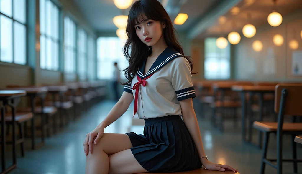 ultra realistic 8k cg, picture-perfect face, flawless, clean, masterpiece, professional artwork, famous artwork, perfect face, beautiful face, beautiful eyes, ((perfect female body)), solo,(immersive atmosphere, chiaroscuro:1.5,bright light:1.2,luminous lighting) ,,(blush:0.5),seductive expression,extremely detailed_eyes,thick thighs,large breasts, beautifully detailed background,depth of field,realistic:1.3, long shot,1girl,shirt,pleated skirt, school uniform, sitting, full body, (ambient light:1.3),(cinematic composition:1.3),(neon lights:0.1),(HDR:0.1),Accent Lighting, white pantyhose,