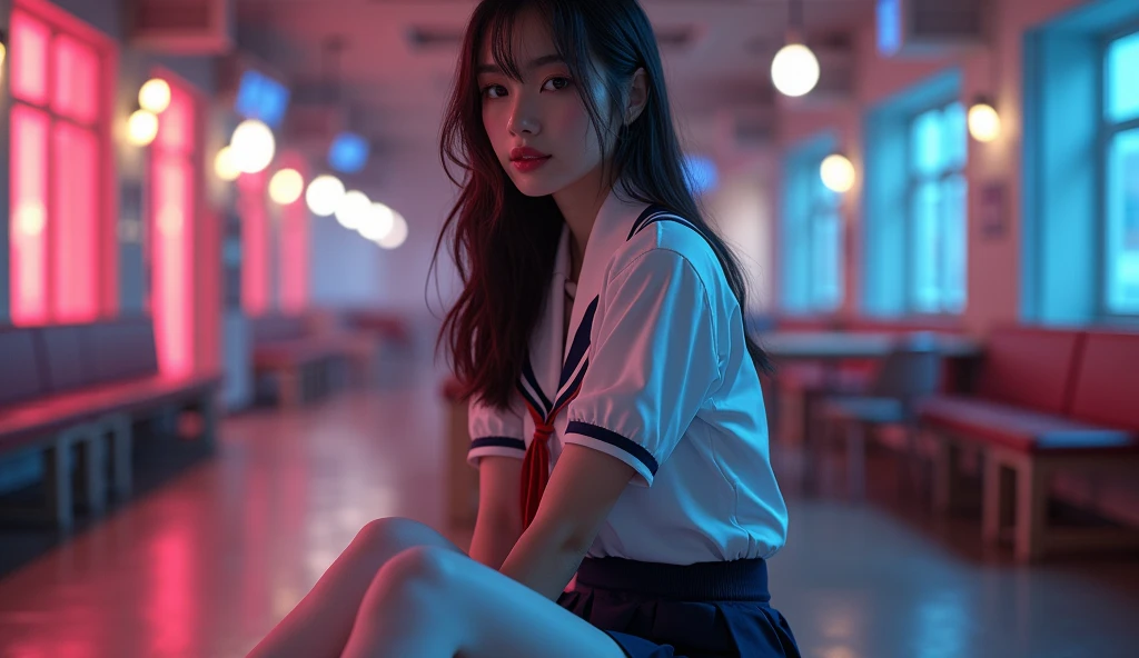 ultra realistic 8k cg, picture-perfect face, flawless, clean, masterpiece, professional artwork, famous artwork, perfect face, beautiful face, beautiful eyes, ((perfect female body)), solo,(immersive atmosphere, chiaroscuro:1.5,bright light:1.2,luminous lighting) ,,(blush:0.5),seductive expression,extremely detailed_eyes,thick thighs,large breasts, beautifully detailed background,depth of field,realistic:1.3, long shot,1girl,shirt,pleated skirt, school uniform, sitting, full body, (ambient light:1.3),(cinematic composition:1.3),(neon lights:0.1),(HDR:0.1),Accent Lighting, white pantyhose,