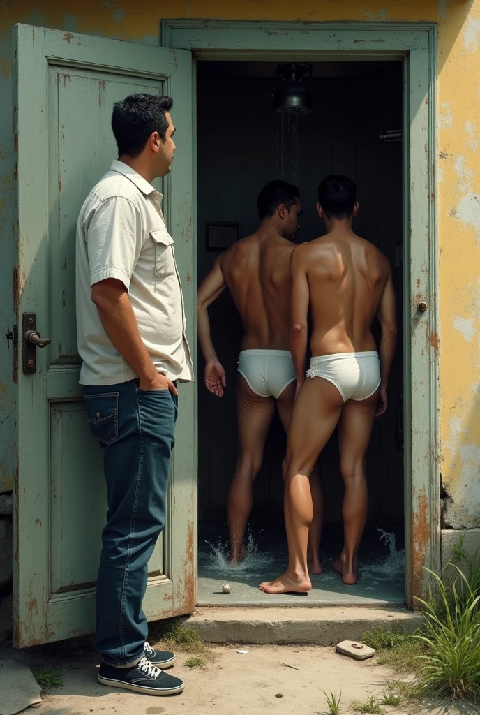 Shirt reporter, pants and sneakers leaning against the door outside an old house watching Puerto Rican men showering in their underwear inside.