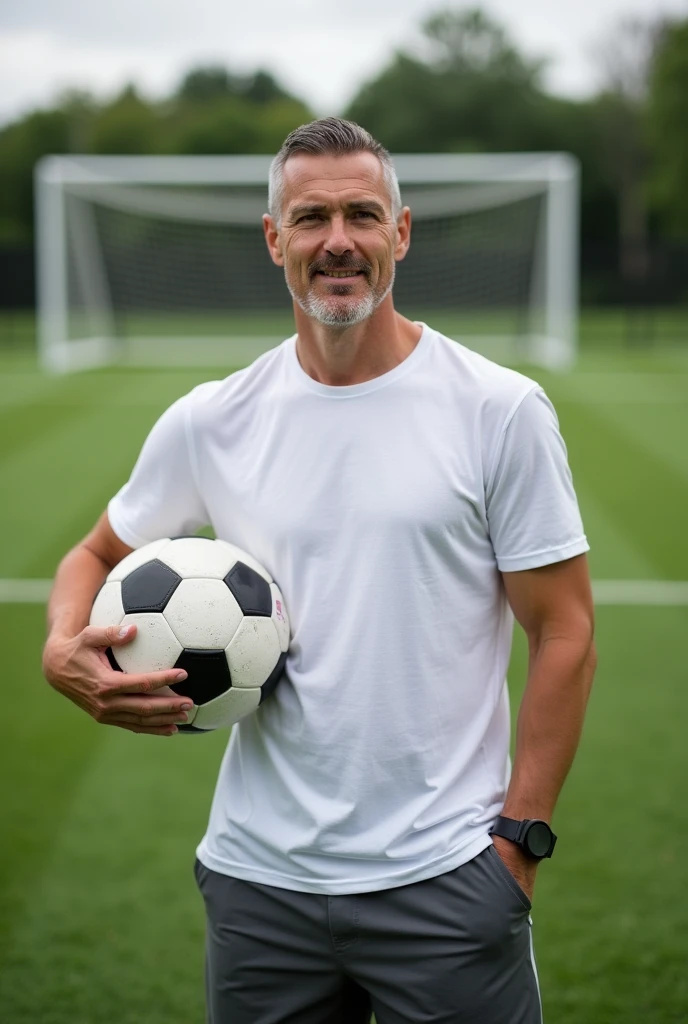 White man standing in front of soccer field, holding a ball