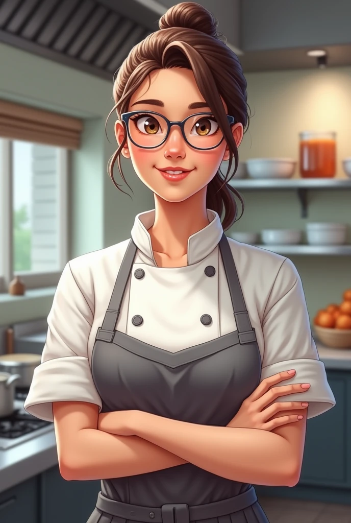 Young female cook, with glasses , with arms crossed, posing and smiling