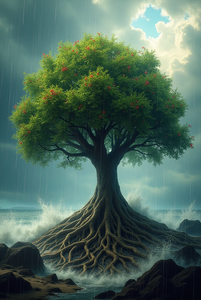 Clear! Here is an image that relates to the term homeostasis:
**Image:** A tree with deep, strong roots that are connected to a complex and interconnected underground root system. the tree está en pie con fuerza, surrounded by a raging storm with strong winds and rain. the tree tiene hojas verdes y saludables, and is blooming with vibrant flowers.
**Interpretation:**
* **the tree:** It represents a living organism, as a human being.
* **The roots:** They symbolize the internal control systems of the organization, like the circulatory systems, highly strung, hormonal, etc.
* **The underground root system:** It represents the complex interconnection and coordination of internal control systems to maintain balance.
* **The storm:** It represents the challenges and external influences that threaten the internal balance of the organism..
* **The green leaves and flowers:** They symbolize health, the well-being and proper functioning of the body thanks to the maintenance of homeostasis.
**Message:**
This image represents an organism's ability to maintain a stable internal balance despite external influences and challenges.. The body's internal control systems work together to adapt and respond to changes., ensuring optimal functioning and survival.