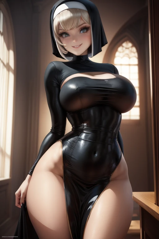 figure, Nun, sexy pose, big breasts, curvy, smile, bob haircut, sexy dress
