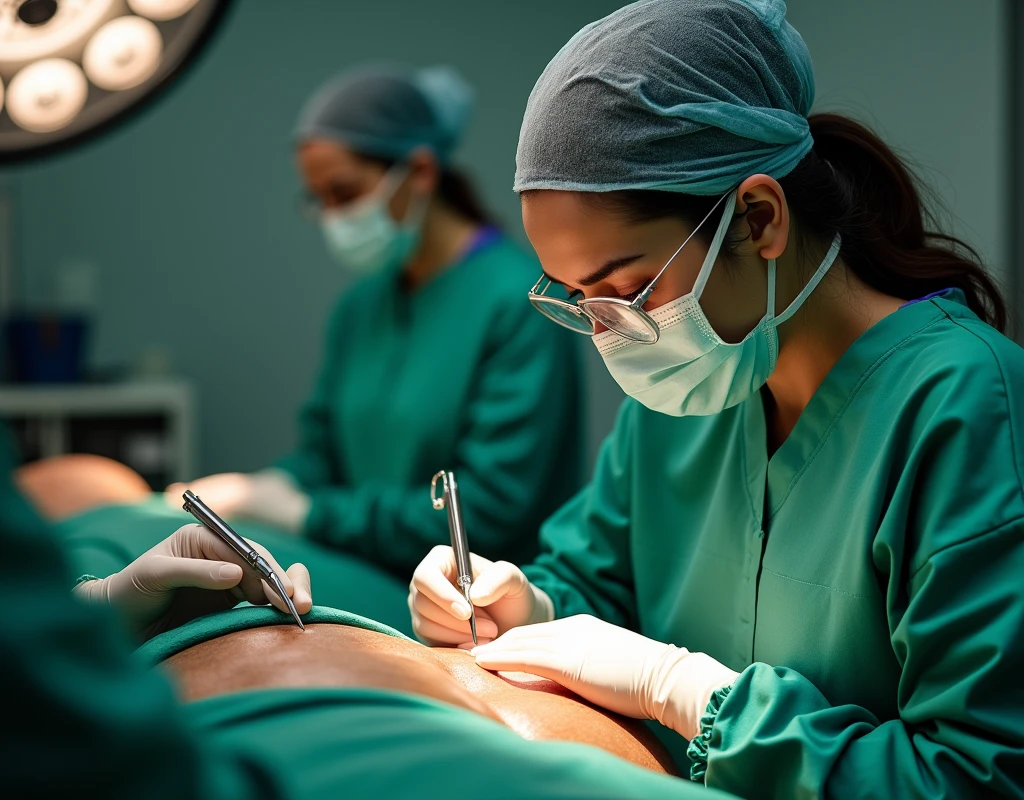 Katrina Kaif as surgeon, wearing green scrubs, wearing surgical mask and skull cap, wearing surgical glasses, performing heart bypass surgery on male patient, male patient in anaesthesia, in operation theatre, fullbody view, top down view, making an incision on the chest with scalpel,