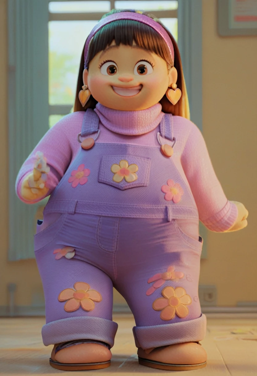 Abby Park 

a_p, 1girl, chubby, long black hair, fringed hair, brown eyes, headband, heart earrings , pink sweater , viviolet overalls with flowers,

score_9, score_8_up, score_7_up, 

at school,

Full body view , smiling , looking at viewer , greeting , 
