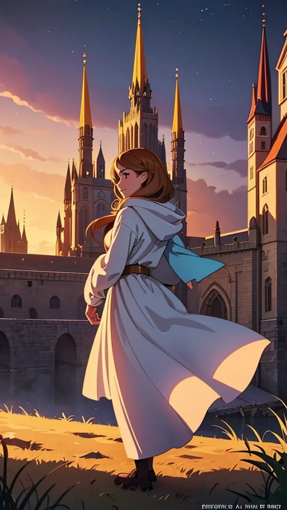 Create a captivating book cover for a historical fantasy  The scene should depict a young woman, Princess Isabella, dressed in a simple, hooded cloak that conceals her royal identity. She stands on the edge of a vibrant, bustling village, looking towards a towering castle in the distance. The village should be lively with colorful market stalls, playful children, and warm, welcoming villagers. The castle in the background is grand and majestic, with spires that reach the sky, symbolizing the life she has left behind. The colors should evoke a sense of adventure and mystery, with warm golden tones in the village contrasting with the cool, imposing presence of the castle. The title should be elegantly placed at the top, with the author’s name at the bottom.