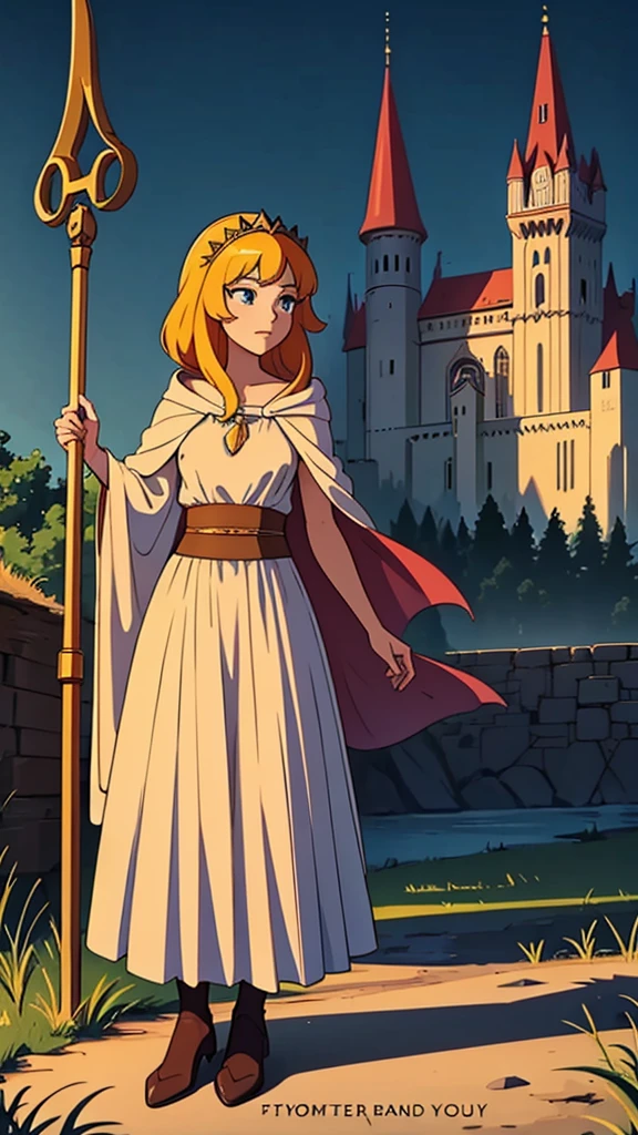 Create a captivating book cover for a historical fantasy The scene should depict a young woman, Princess Isabella, dressed in a simple, hooded cloak that conceals her royal identity. She stands on the edge of a vibrant, bustling village, looking towards a towering castle in the distance. The village should be lively with colorful market stalls, playful children, and warm, welcoming villagers. The castle in the background is grand and majestic, with spires that reach the sky, symbolizing the life she has left behind. The colors should evoke a sense of adventure and mystery, with warm golden tones in the village contrasting with the cool, imposing presence of the castle. The title should be elegantly placed at the top, with the author’s name at the bottom.