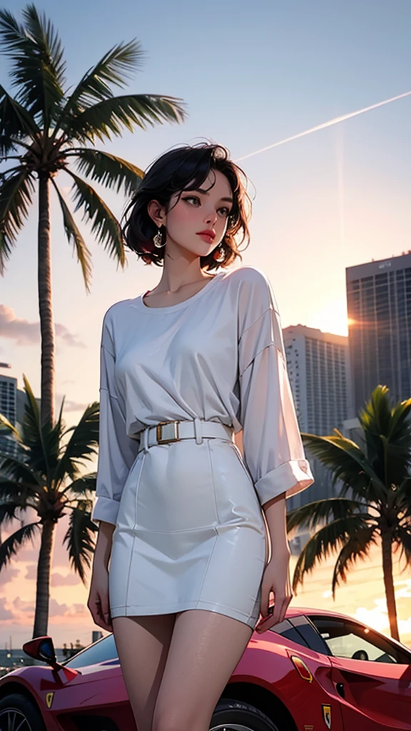 retro girl, Miami, Sunset, ferrari, palm, 90's, (Flat colors, Flat texture, Line art:1.2), graphic design, (heavy ink, ink blacks), breasts, looking at the viewer, smile, video game character, mosque, street figther, torn clothes, one chest out,