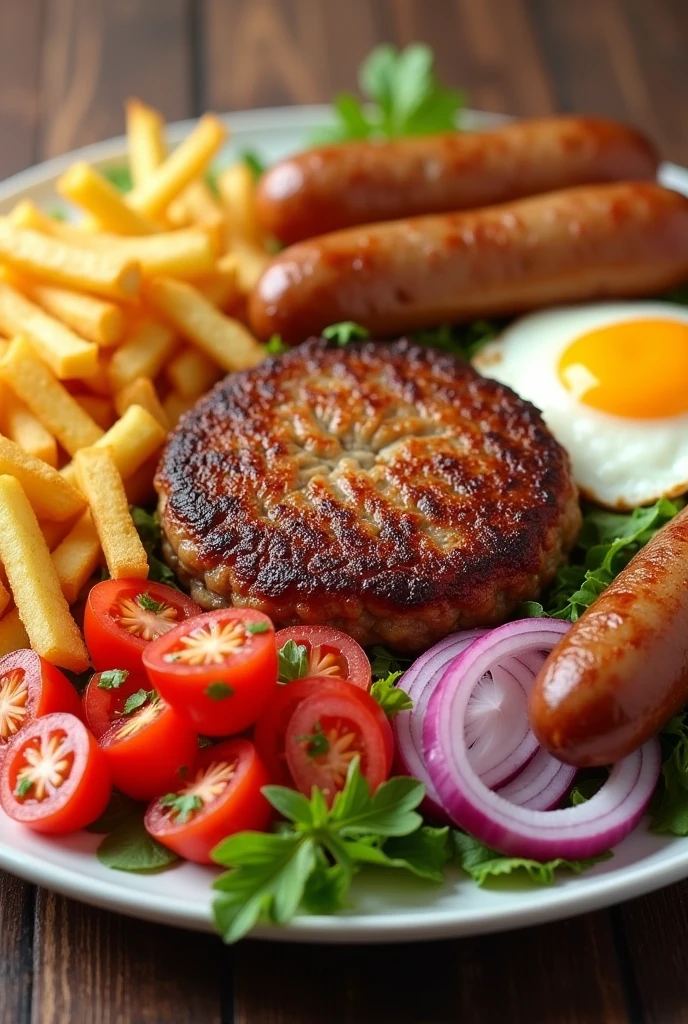 Plate of French fries, round meat, small sausage and fried egg and onion and tomato salad