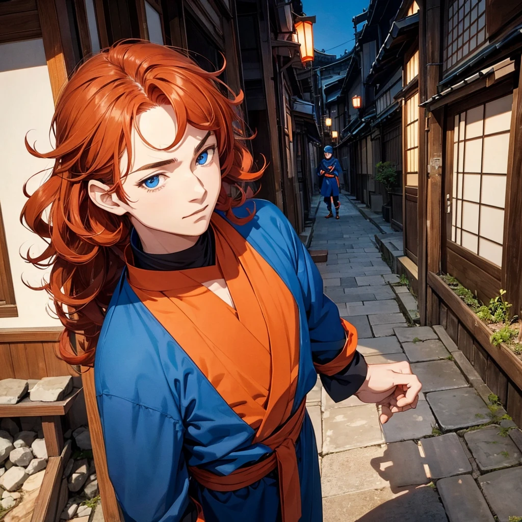 A boy with curly dark
Orange hair blue eyes blue ninja outfit anime in an Japanese old city handsome
