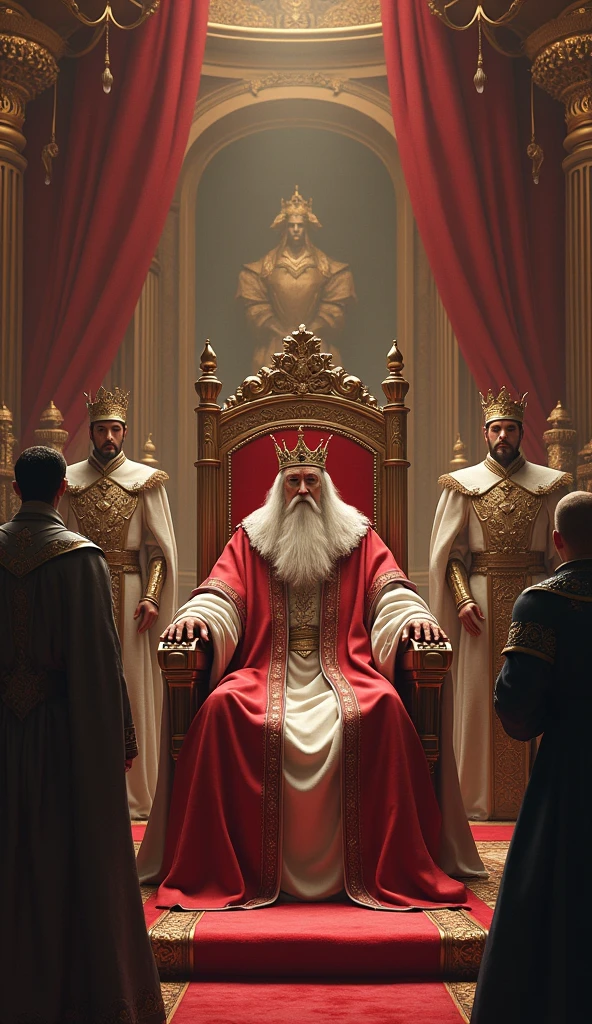 Scene of the Wise King on His Throne**: Show a regal king seated on a magnificent throne in a grand royal court, wearing elaborate royal robes and a crown. The king has a wise and benevolent expression, surrounded by ministers and guards in a luxurious palace setting