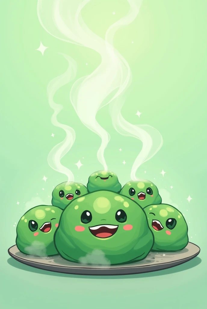 traditional Indonesian food klepon with green color is smoking, make it in cartoon
