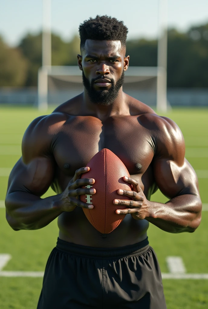 Dark-skinned man facing forward on a football field, holding a ball