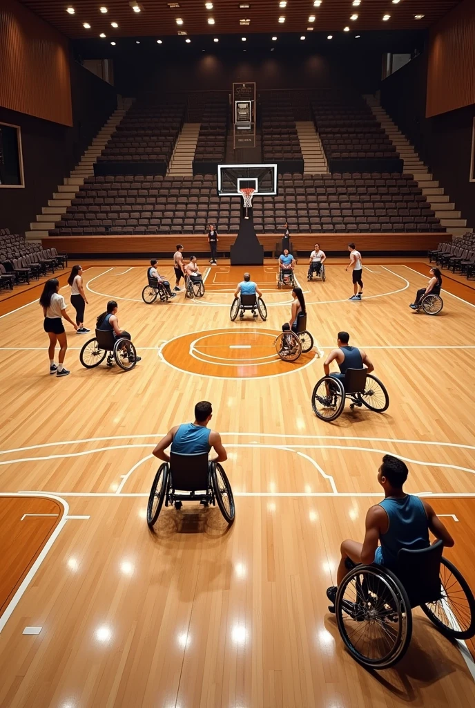 Give me a picture of some luxury hardwood basketball courts, that there are several courts and with people in wheelchairs inside