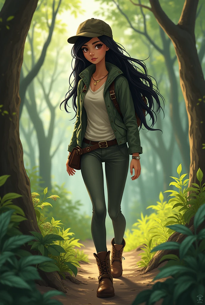 An adventurous avatar dressed as someone who goes searching for something in the forest, that exudes femininity and is not too sexy, drawing of a thin woman size 1.53 tall,  , long black hair, brown color brunette style, Brazilian, well filled eyebrow, very dark brown eyes, almost black, slightly sharp nose and well-shaped mouth, but normal size 