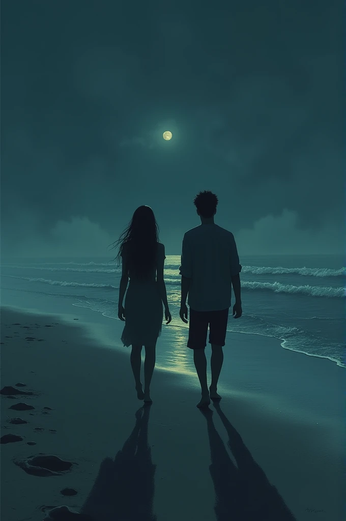 aesthetic night very sad view on beach & a girl & boy walking in a parallel direction