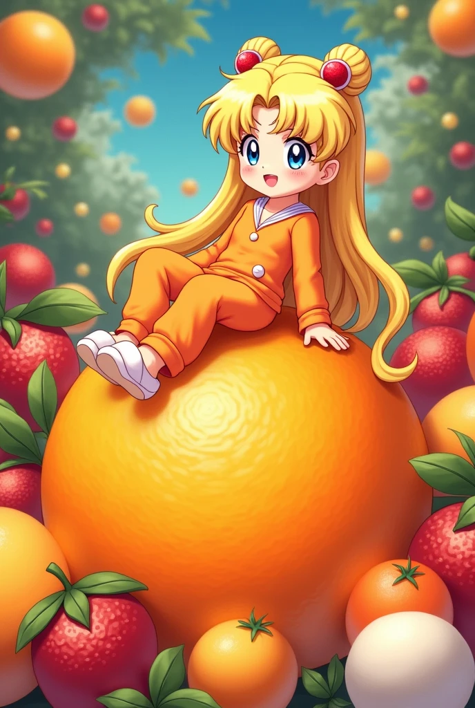 Sailor moon Chibi on top of a ripe orange in orange pajama pants with a bright orange long sleeve shirt with white slippers...
With long, straight, loose yellow hair...
Background of a lot of delicious fruits 