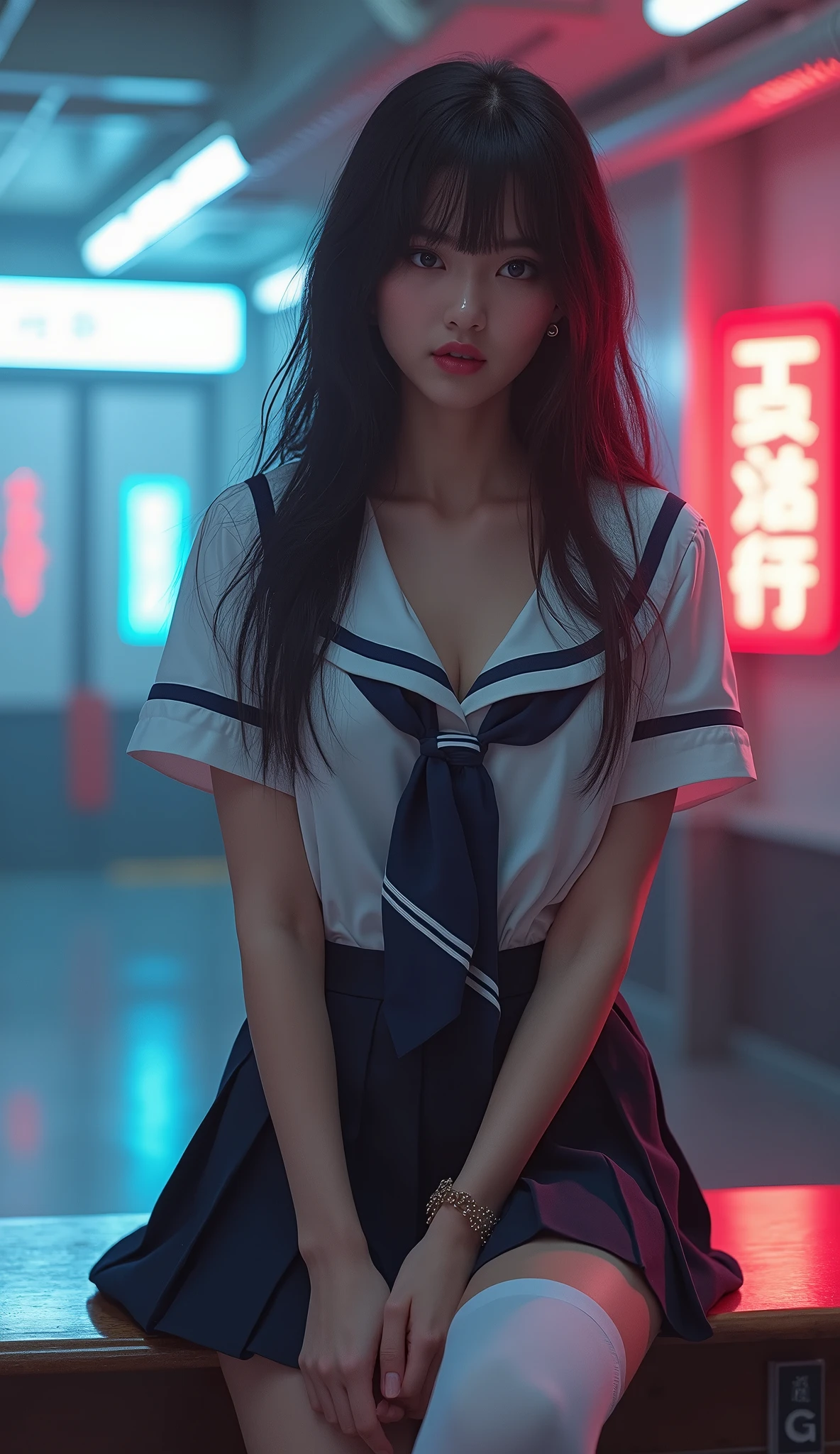 ultra realistic 8k cg, picture-perfect face, flawless, clean, masterpiece, professional artwork, famous artwork, perfect face, beautiful face, beautiful eyes, ((perfect female body)), solo,(immersive atmosphere, chiaroscuro:1.5,bright light:1.2,luminous lighting) ,,(blush:0.5),seductive expression,extremely detailed_eyes,thick thighs,large breasts, beautifully detailed background,depth of field,realistic:1.3, long shot,1girl,shirt,pleated skirt, school uniform, sitting, full body, (ambient light:1.3),(cinematic composition:1.3),(neon lights:0.1),(HDR:0.1),Accent Lighting, white pantyhose,