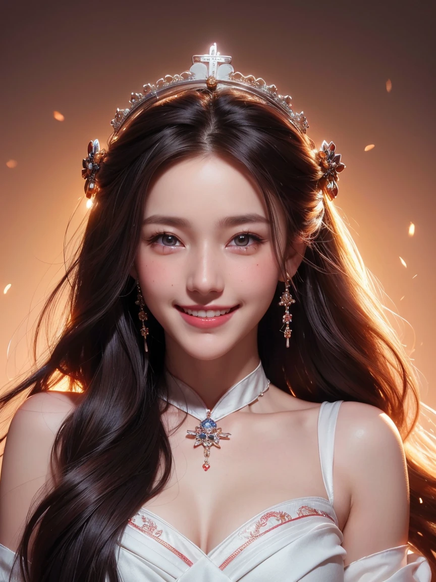 portrait of a beautiful 20 year old holy woman, wearing a thin multicolored silk dress, a beautiful face without blemish, without freckles and moles on her face, (((beautiful smile:1.4))), ((7 color long hair:1.2)), big crown, hair brooch, hanfu dress, chinese ancient style, full body jewelry, forehead tattoo: (very even and red lips, face full of details, face 1.8) the goddess' skin is smooth white, rosy, cinematic, light and dark, dramatic light, magical light, extremely detailed light, true color, super sharp, realistic, 8k quality, fantasy universe background, saint and magical space, the most detailed image,
