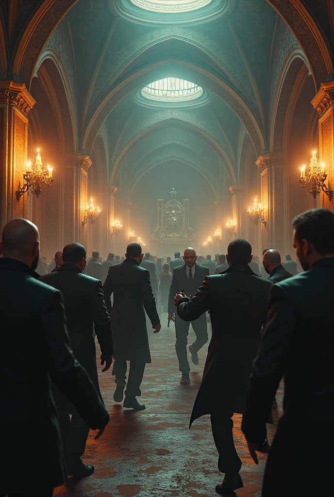 Three groups of mobsters fighting each other, with boys and girls, Fantasy style in a castle but without mystical creatures 
