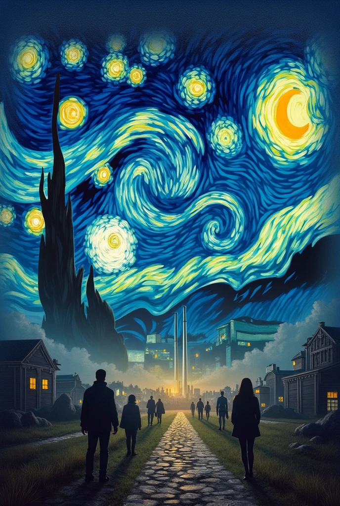 New version of the starry night with Environmental pollution several people dramatic context