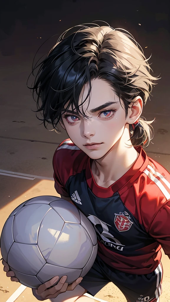 training clothes from the anime Blue lock, Small short fragile boy, beautiful feminine face, black hair, messy hair, mullet-cut, smirking, holding soccer ball, shining crimson eyes, masterpiece, 8k, photorealistic, chiaroscuro lighting, dramatic shadows, cinematic composition, soccer field background