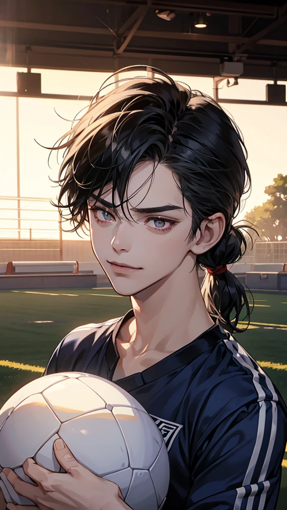 training clothes from the anime Blue lock, Small short fragile boy, beautiful feminine face, black hair, messy hair, mullet-cut, smirking, holding soccer ball, shining crimson eyes, masterpiece, 8k, photorealistic, chiaroscuro lighting, dramatic shadows, cinematic composition, soccer field background