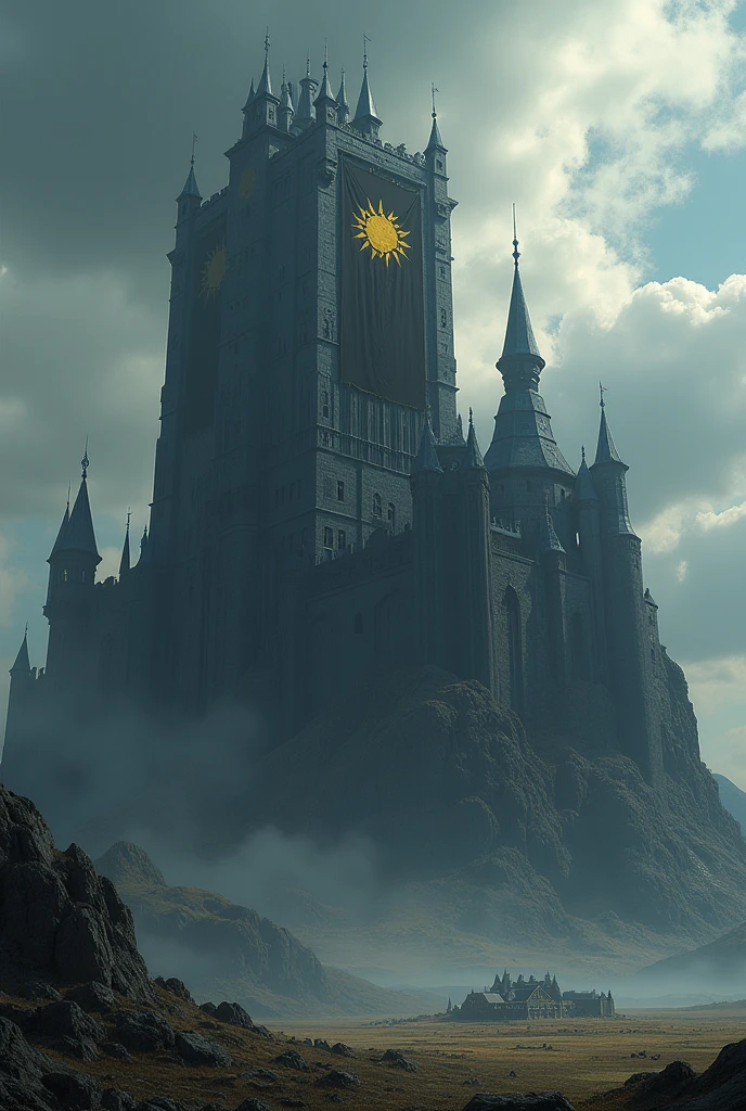 Gigange Black Castle located on a flat terrain near a village of villagers , with black banners with a yellow sun 