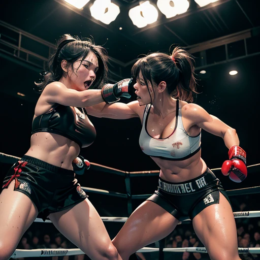 (Intense violence), A fierce exchange of (dynamic punches and kicks). they are striking each other so hard. extreme (survival battle). they are glaring at each other. her face is distorted by opponent's attack. they are (beating) each other so hard. (bloody) beautiful Japanese heavyweight female fighters are fighting in the octagon fighting ring of underground arena with audience. whole body picture. they are covered in (blood) and (bruises). they are damaged terribry. Short-cut black hair, out of breath, drooling from mouth, one eye is closed, exhausted, drenched in sweat. Erect nipples. open finger glove. sports-bra, high-leg panty, Stockings. armwarmers. small breasts, armwarmers. Whittled waistline, muscular, sixpack abs, very thick arms and thighs, super huge tits.