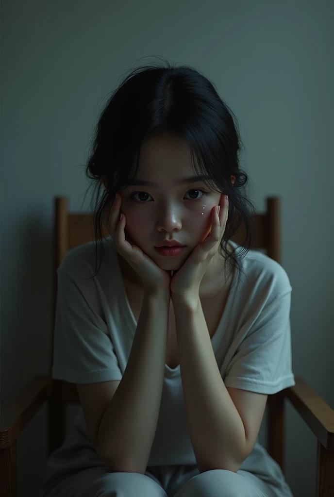 A yang girl sit in chair and sed and tear on eye