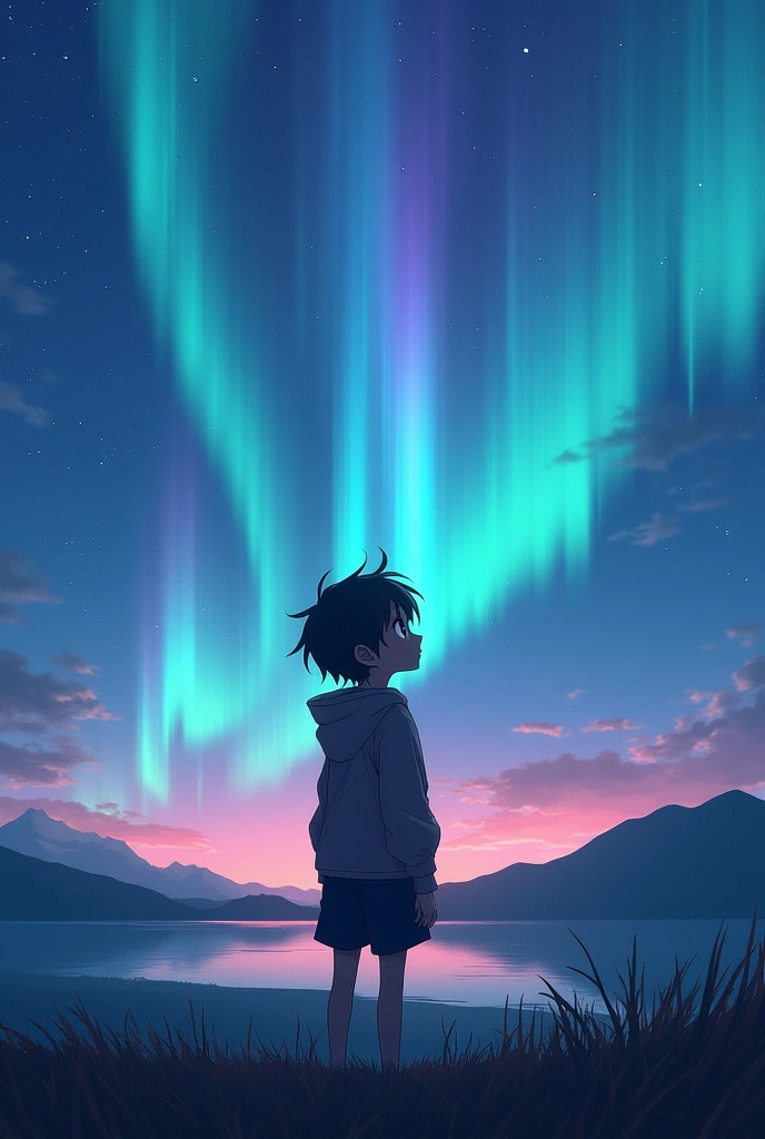 of anime looking at an Aurora Borealis