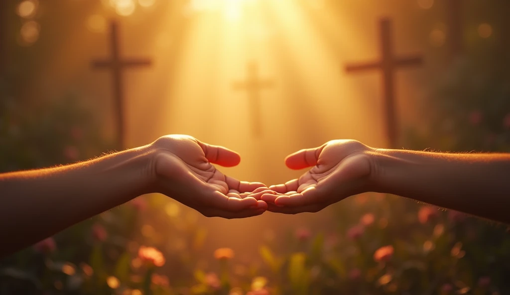 Create a realistic image of a warm and welcoming scene that visually represents the "Benzimento Raiz" community. Show a close-up of hands reaching out, symbolizing connection and support, with a soft, golden light surrounding them. The background should depict a serene, spiritual atmosphere, with subtle religious symbols and elements of nature, like soft rays of sunlight breaking through clouds. Incorporate visual hints of technology, such as a phone or tablet showing a video being liked and shared, representing the act of subscribing and joining the community. The overall mood should evoke feelings of faith, hope, and unity.