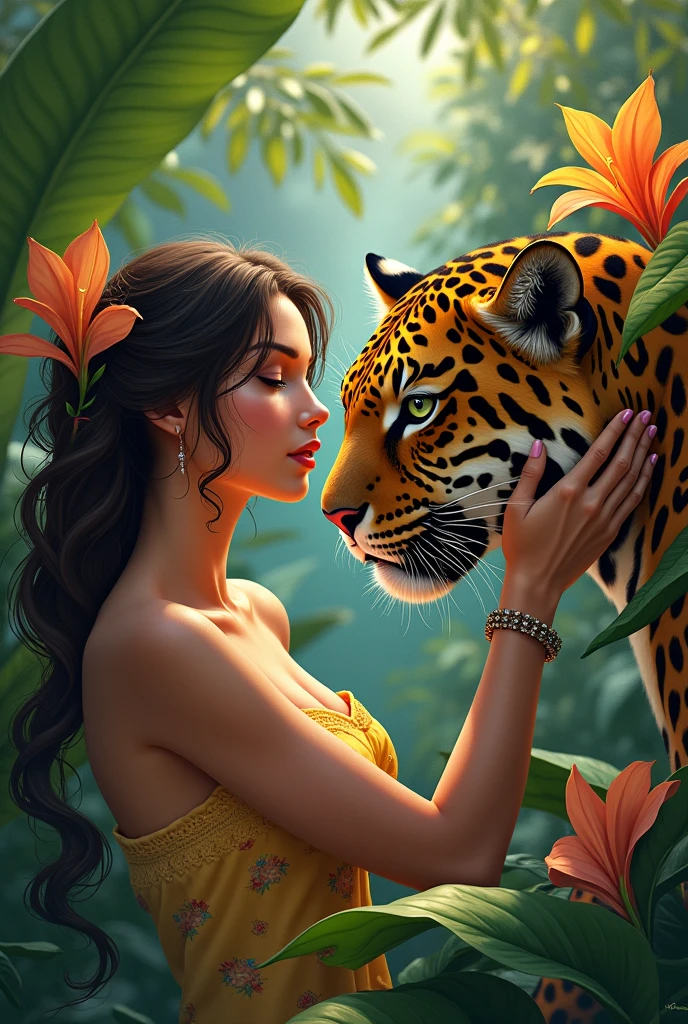 Brunette woman caressing jaguar face with cayeno flowers around and banana leaves digital painting, Perceptual digital painting, Digital painting with style, beautiful painting, bright digital painting, beautiful digital painting, digital art painting, Beautiful paintings