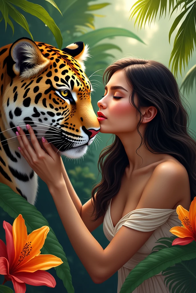Brunette woman caressing jaguar face with cayeno flowers around and banana leaves digital painting, Perceptual digital painting, Digital painting with style, beautiful painting, bright digital painting, beautiful digital painting, digital art painting, Beautiful paintings