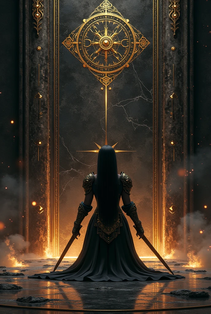 Black marble background with small details of gold engravings. Details of small sparks of fire that melt from orange to gold. In the center a subtle and small silhouette of a woman with her back turned in armor sticking a sword into a stone, kneeling in the distance.