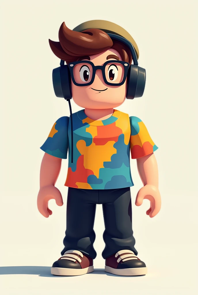 Brown-haired male character is a Roblox pixel, he has glasses, a cap and headphones, his shirt is of many colors and he has black pants
