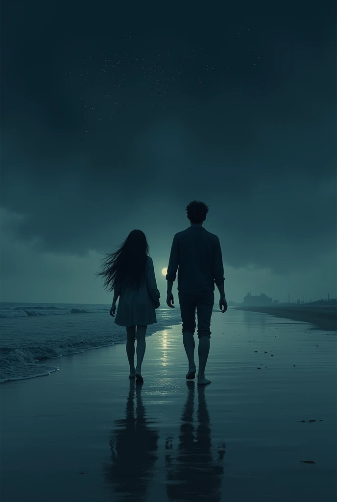 aesthetic night very sad view  on beach & a girl & boy walking in a opposite direction