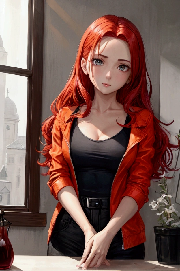 a 2 woman, called Rebecca, her face is turned to the left, she looks at the screen, she's sexy, has red hair, e peitos grandes, wears a black top, an orange jacket and black pants. Only your head and a little bit of your chest should be seen in the picture.. She must be at her house, the light from the window reflects on your face.