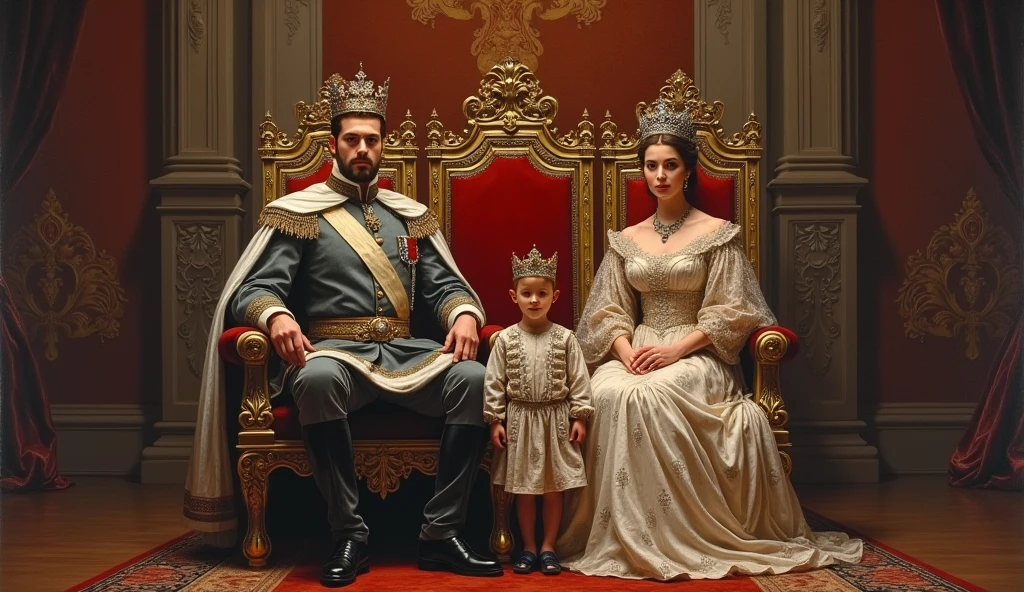The king and his queen sit on the throne and in front of them are their children, the young prince and his brother.
