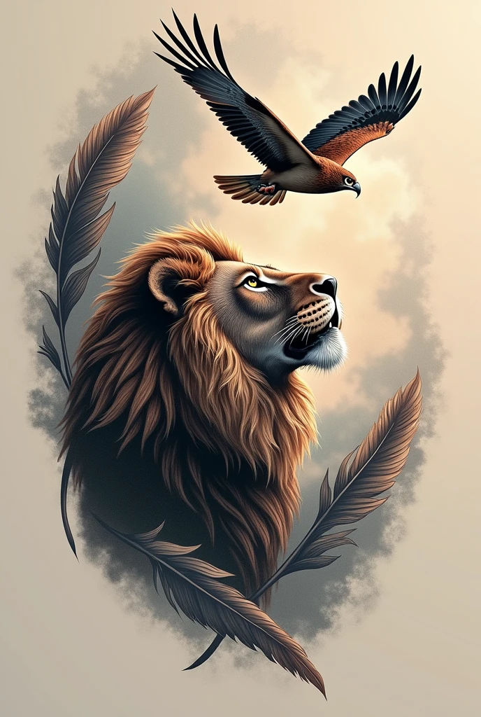 Tatoo lion head looking for thé Sky with hawk plum
