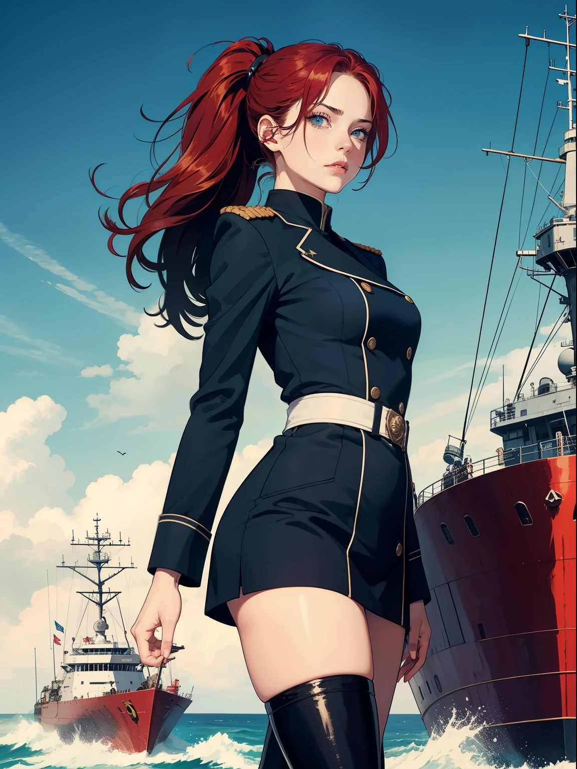 Hot young woman, long red hair, ponytail, admiral's uniform, many nautical tattoos, black make-up, high boots, high quality, best quality, high details, blue eyes, perfect body, warship in backround, navy, cannons fire, masterpiece, multilayer, angry eyes, young man with short dark blonde hair and beart, royal uniform, movie, film, epic, highlight, perfect fingers