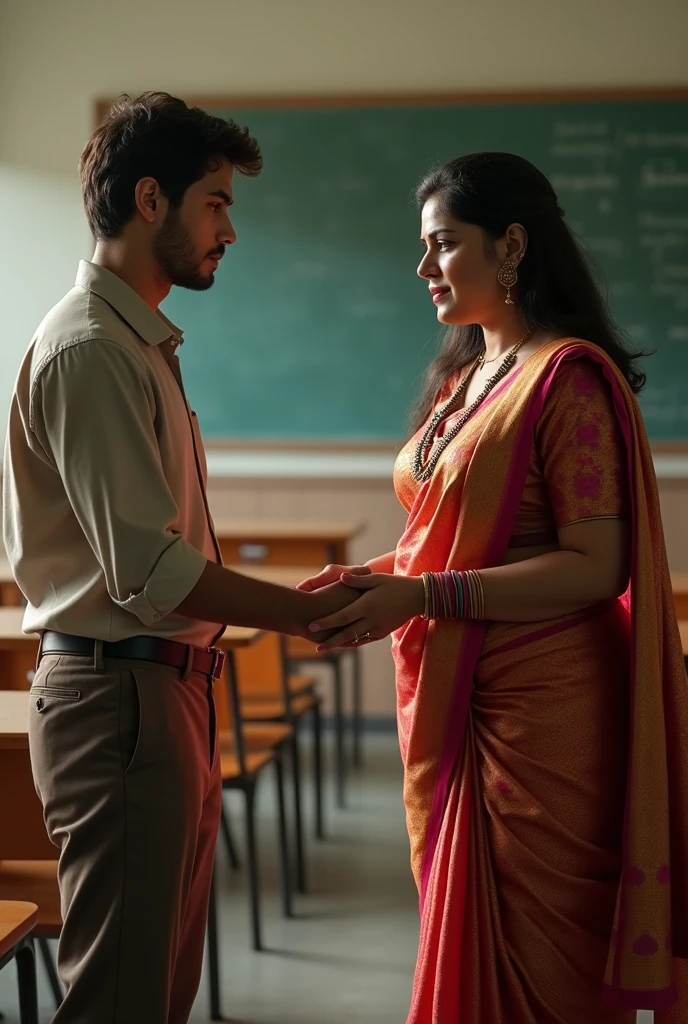 A boy student touching hip of the beautiful fat teacher in saree